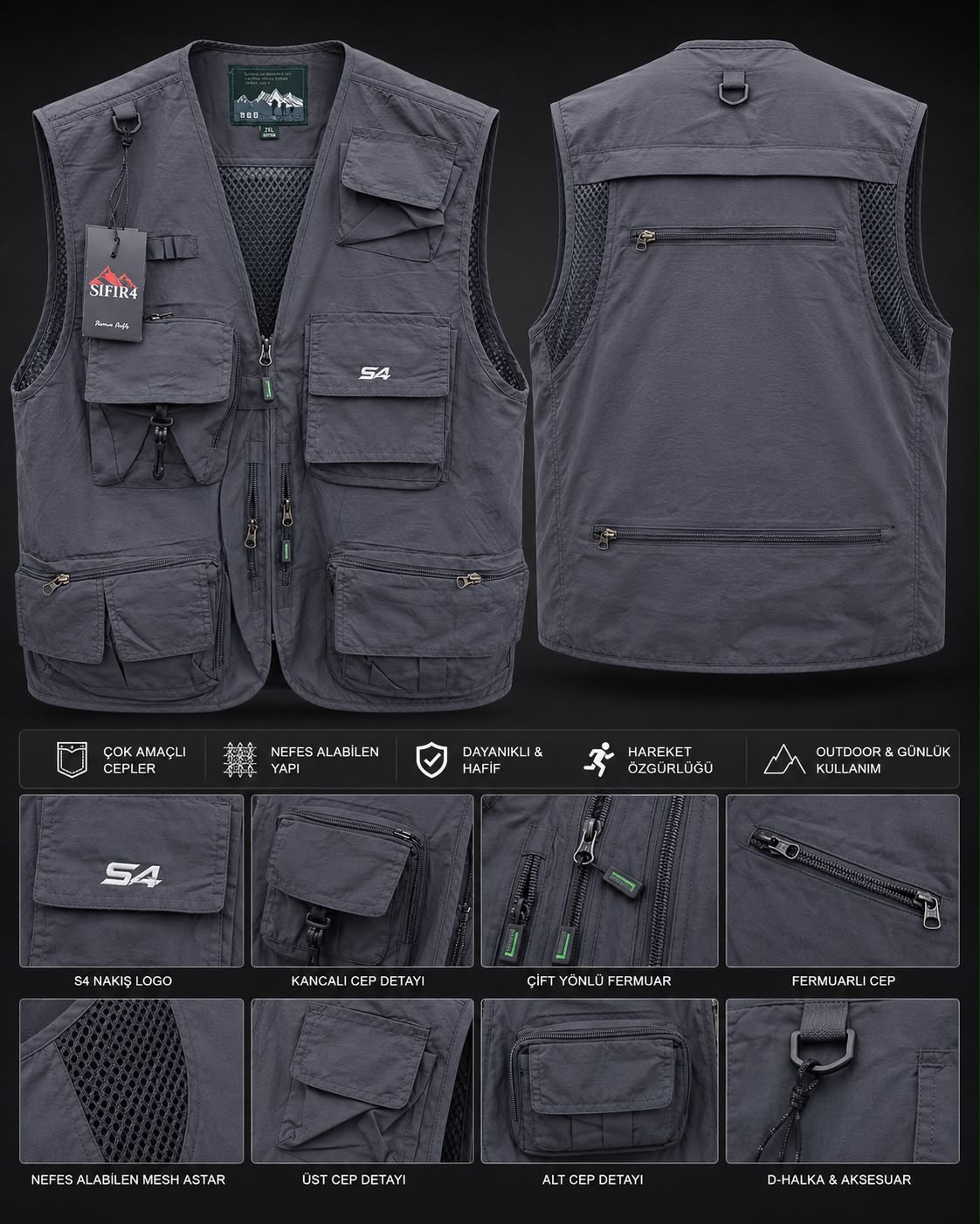 s4 Outdoor Avcı Yeleği Çok cepli gri