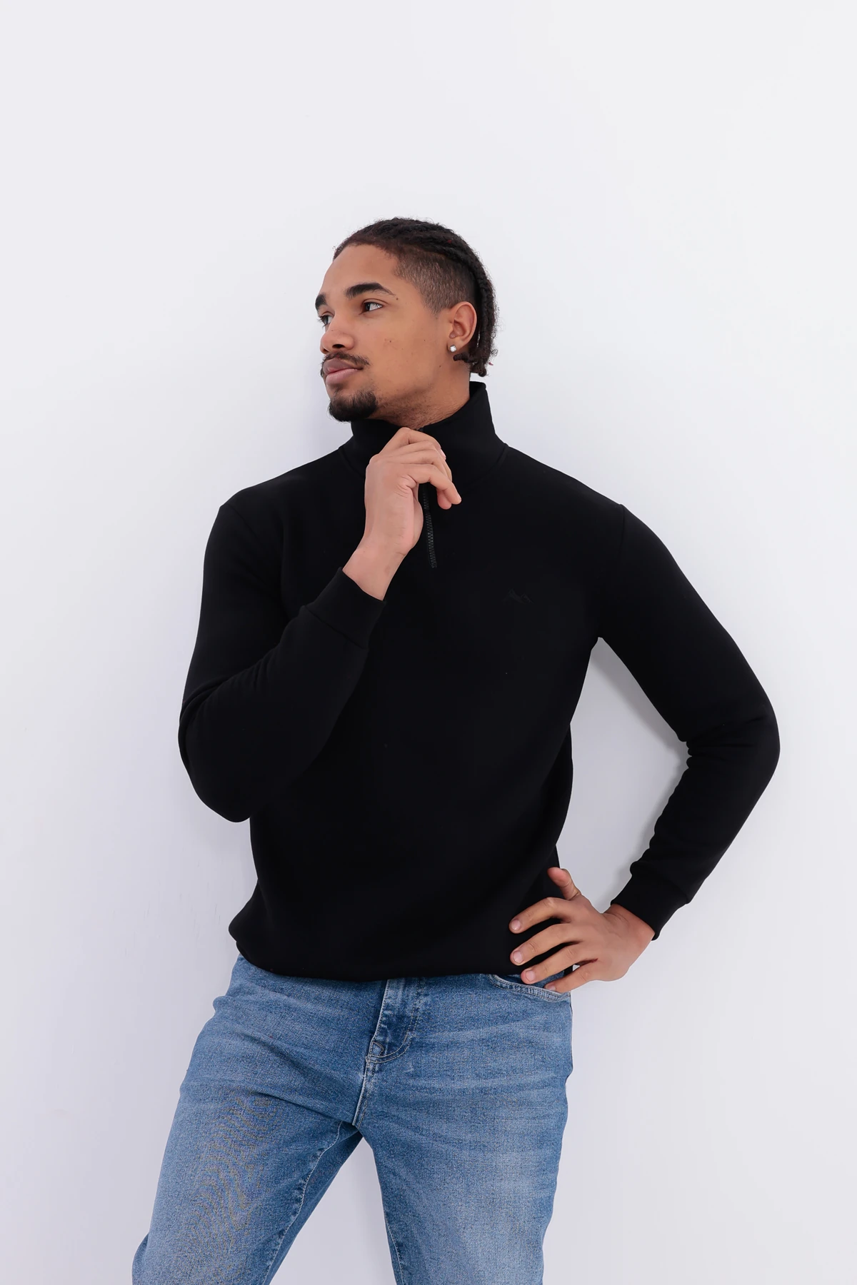 Sıfır4 Yarım Fermuarlı 3 iplik şardonlu  Sweatshirt siyah Siyah