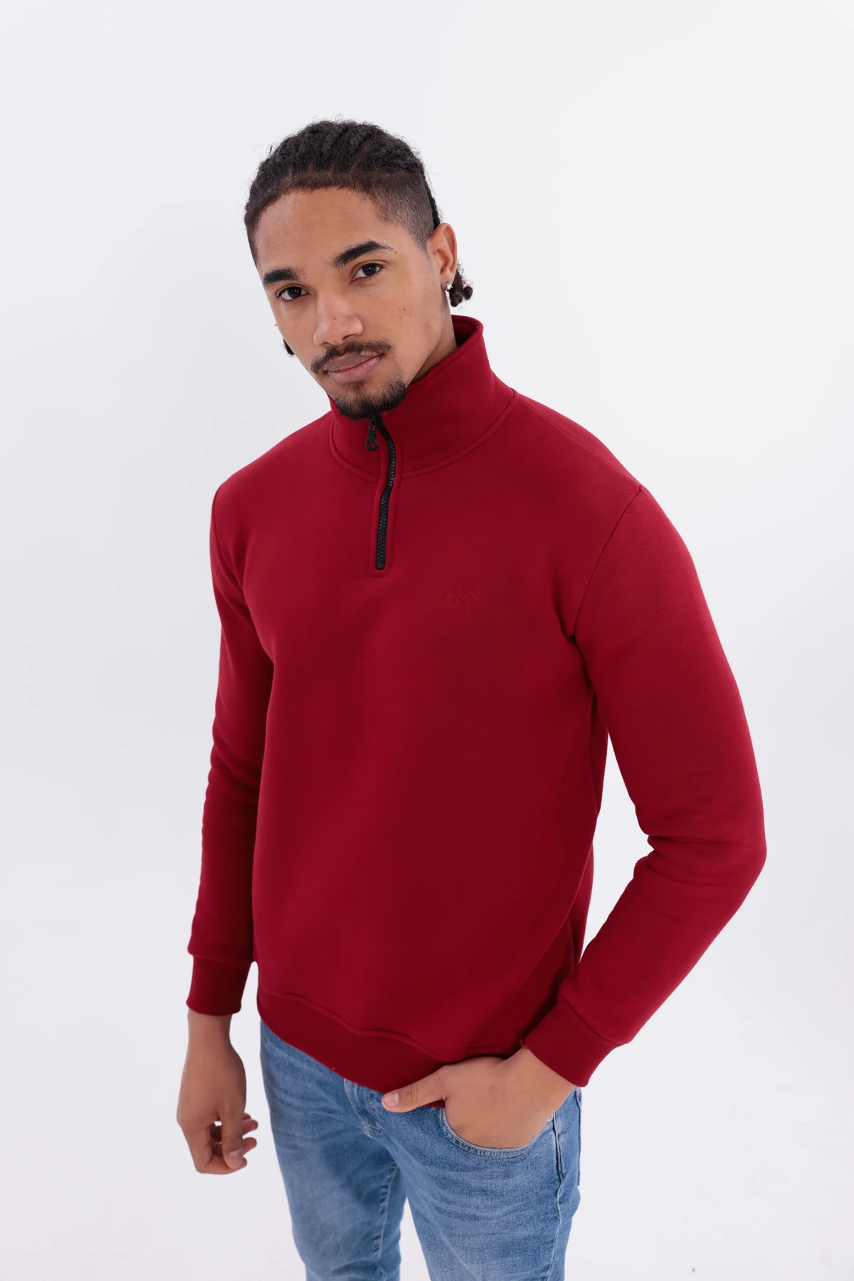 Sıfır4 Yarım Fermuarlı 3 iplik şardonlu  Sweatshirt Bordo Bordo