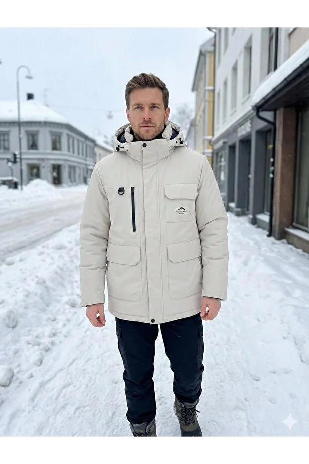 Dynamo Erkek Kapüşonlu Su İtici Rüzgar Geçirmez Kaz Tüyü Comfort Fit Mont Bej