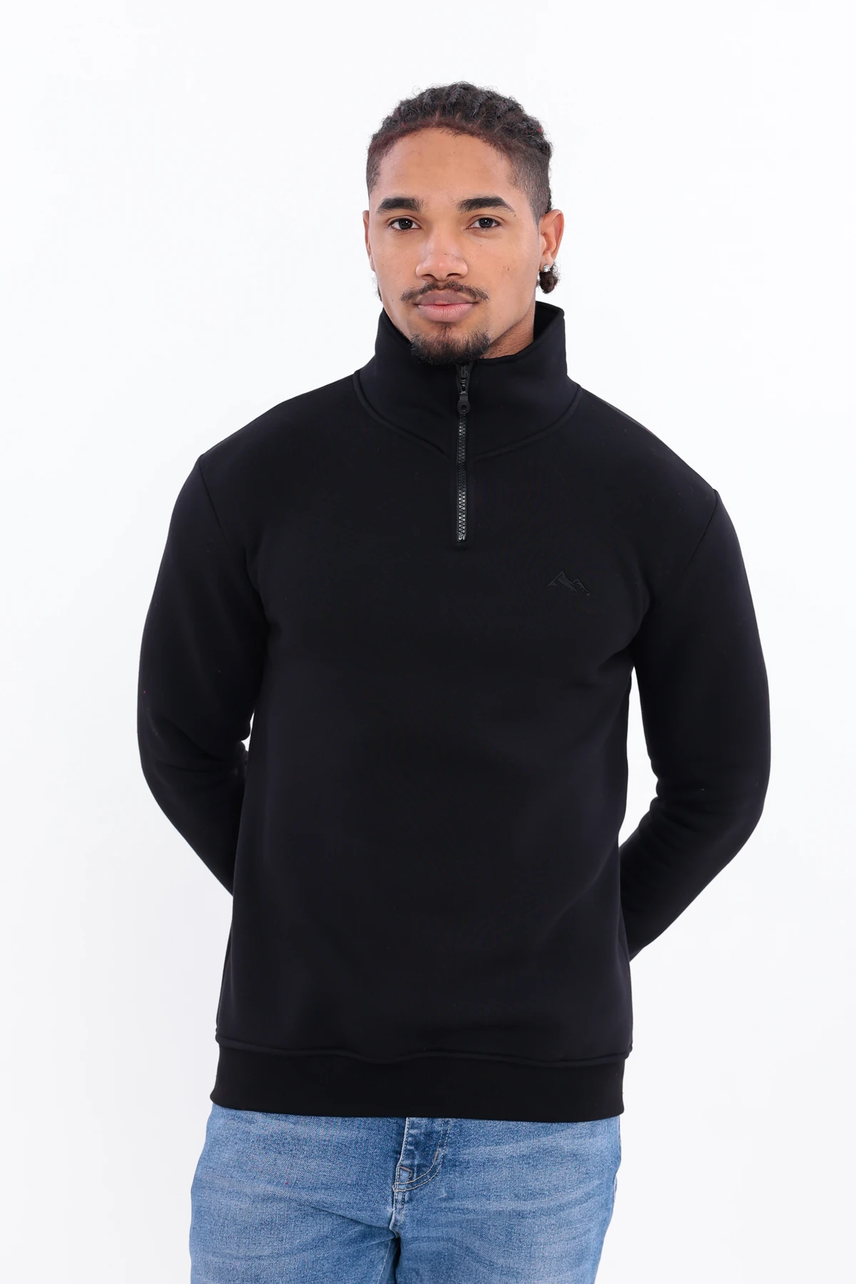 Sıfır4 Yarım Fermuarlı 3 iplik şardonlu  Sweatshirt siyah Siyah