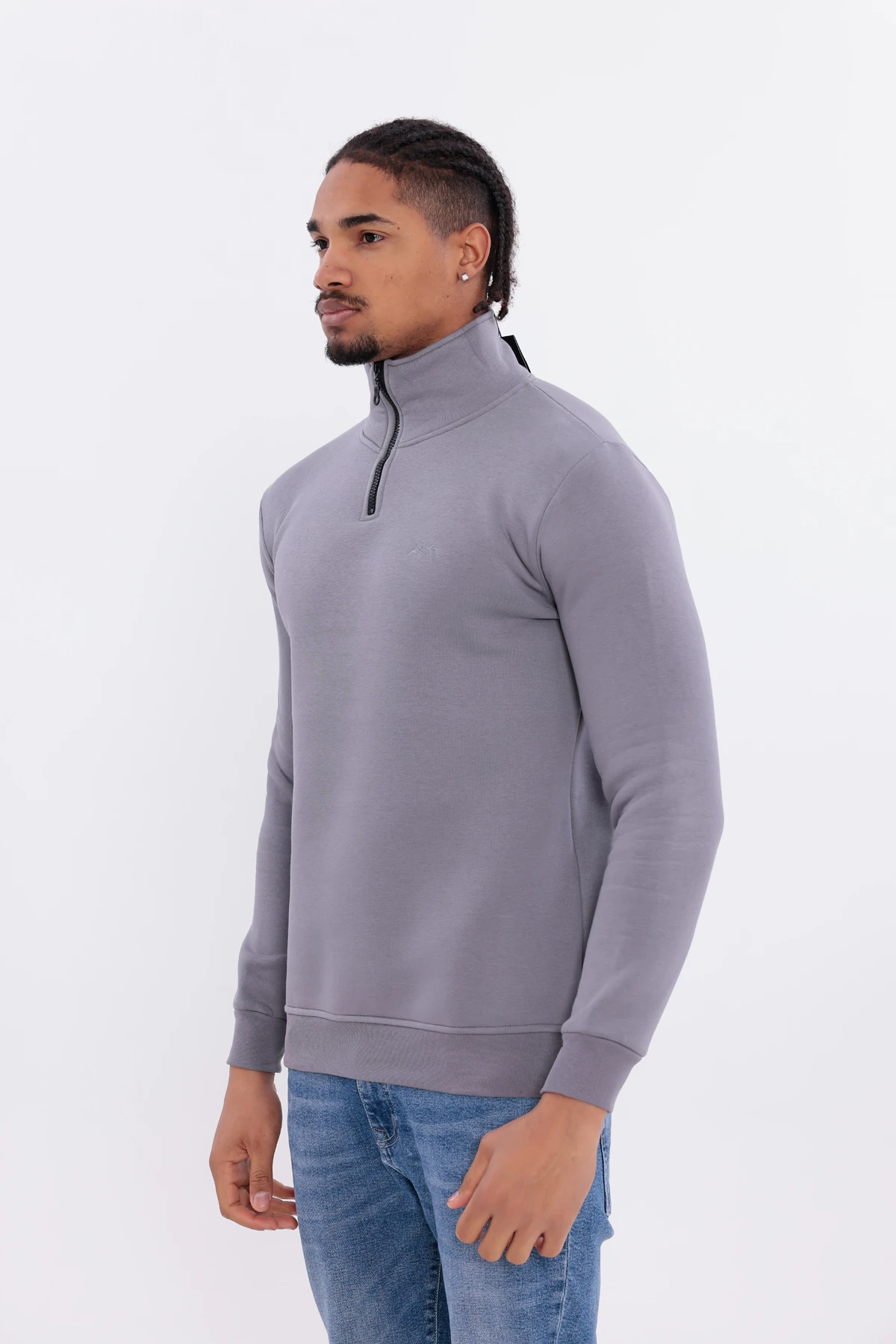 Sıfır4 Yarım Fermuarlı 3 iplik şardonlu  Sweatshirt GRİ Gri̇