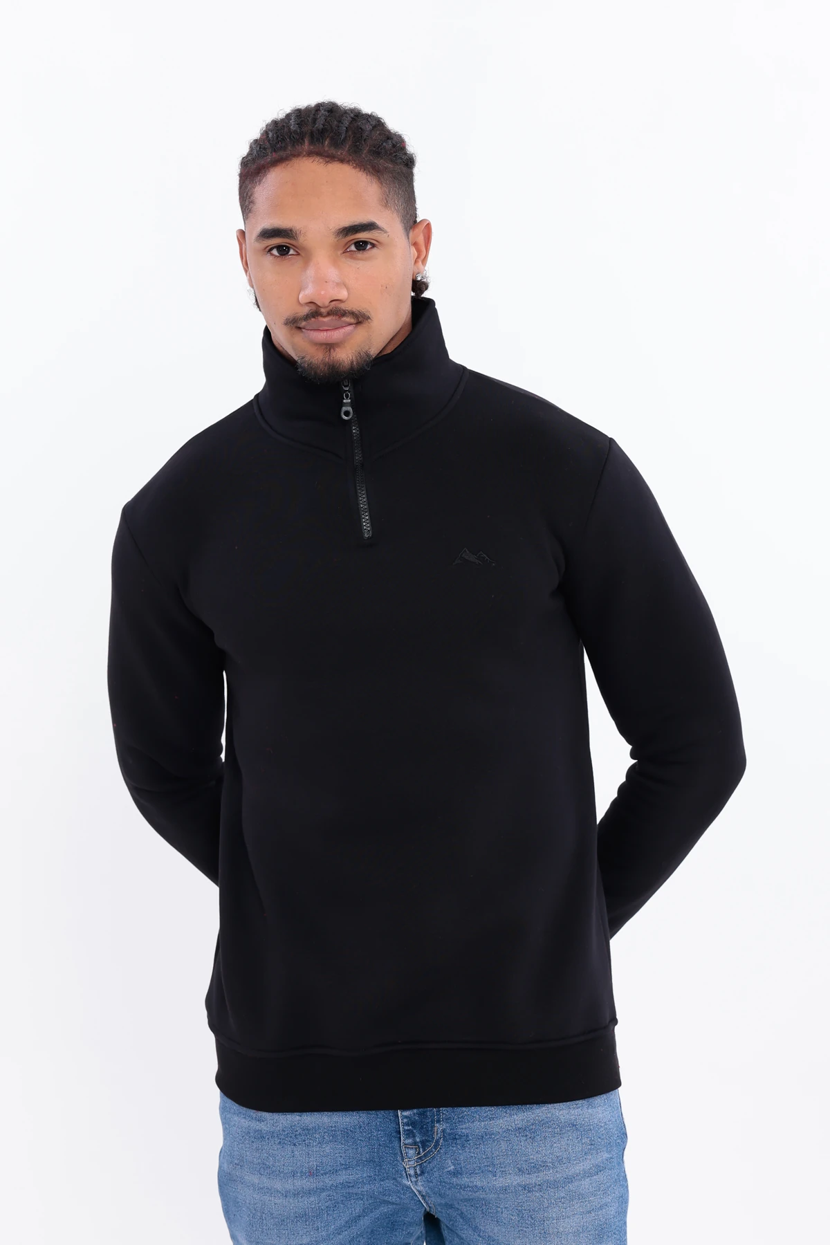 Sıfır4 Yarım Fermuarlı 3 iplik şardonlu  Sweatshirt siyah Siyah