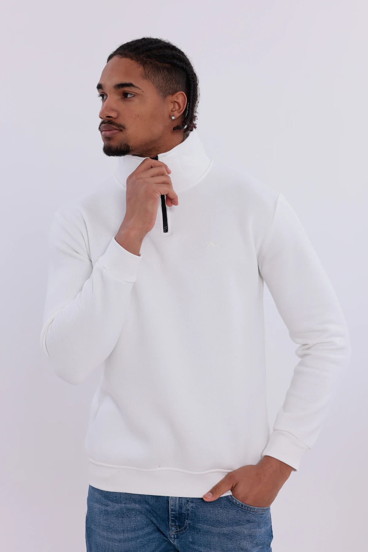 Sıfır4 Yarım Fermuarlı 3 iplik şardonlu  Sweatshirt Beyaz mint