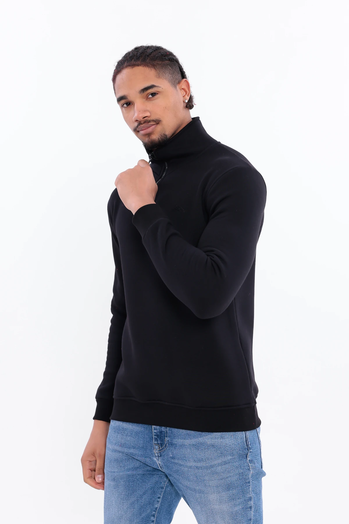 Sıfır4 Yarım Fermuarlı 3 iplik şardonlu  Sweatshirt siyah Siyah