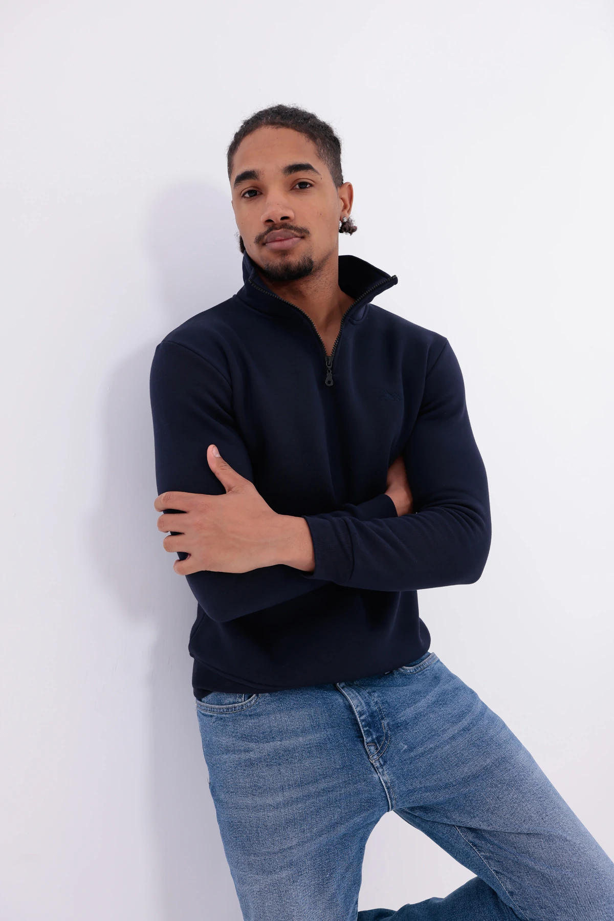 Sıfır4 Yarım Fermuarlı 3 iplik şardonlu  Sweatshirt Lacivert Lacivert