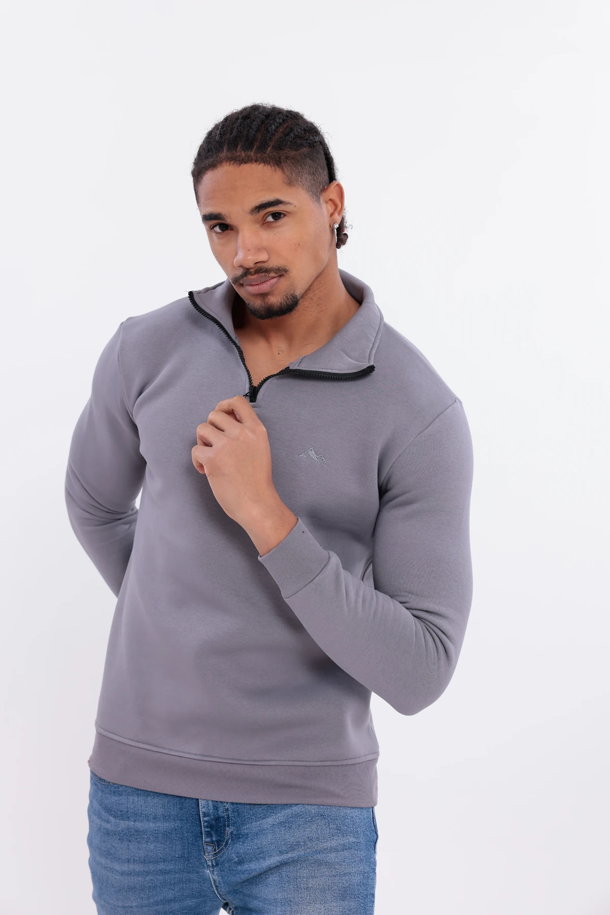 Sıfır4 Yarım Fermuarlı 3 iplik şardonlu  Sweatshirt GRİ Gri̇