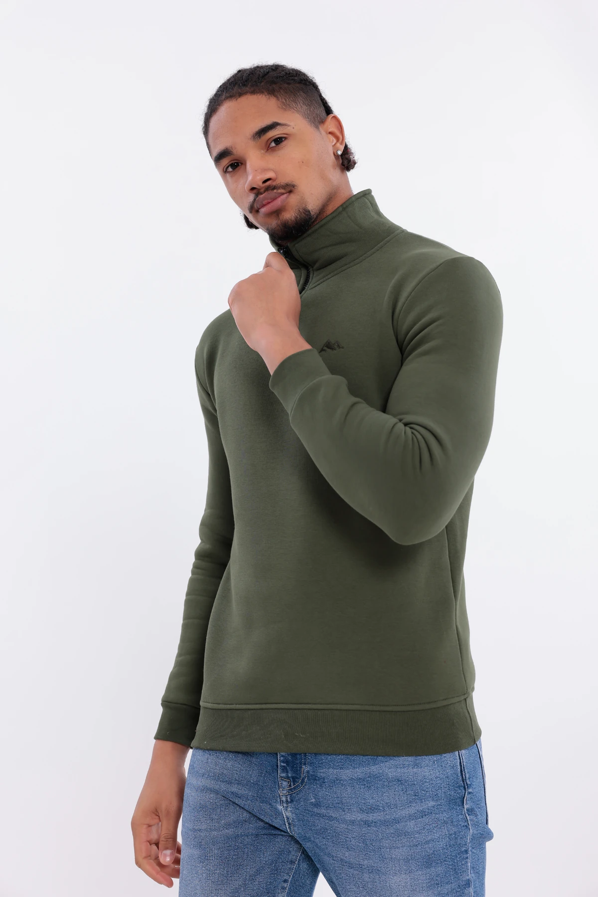 Sıfır4 Yarım Fermuarlı 3 iplik şardonlu  Sweatshirt Yeşil Yeşil