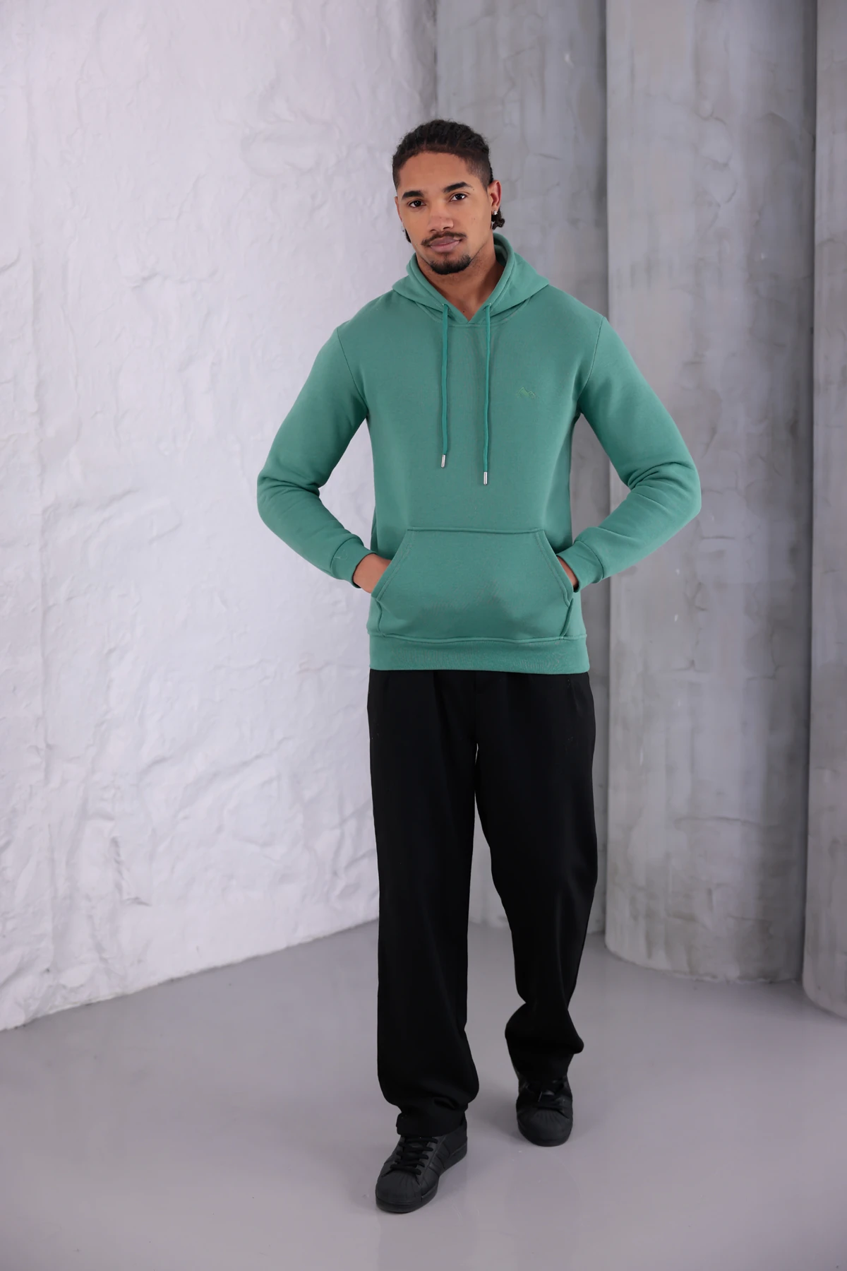 SIFIR4 3 İplik Şardonlu Kapüşonlu Sweatshirt Yeşil Yeşil