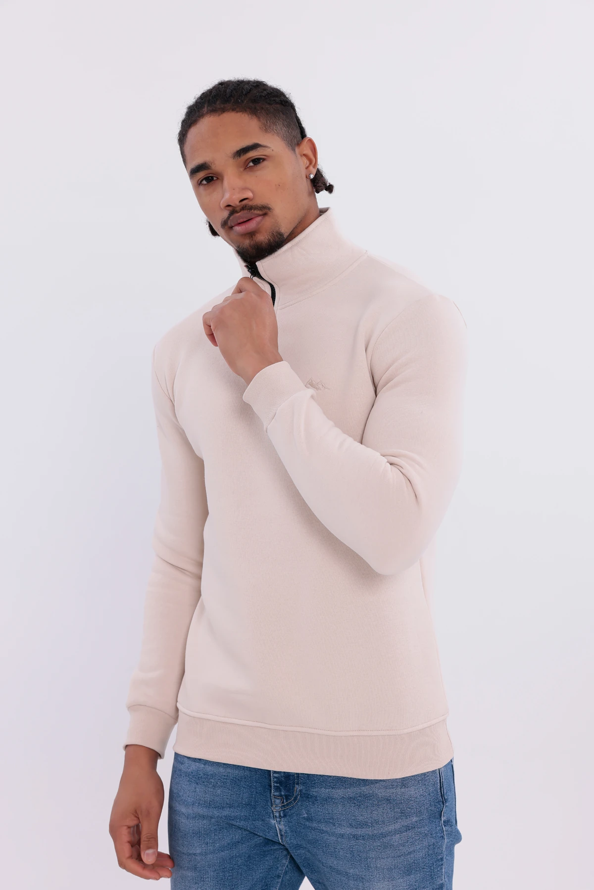 Sıfır4 Yarım Fermuarlı 3 iplik şardonlu  Sweatshirt Krem krem