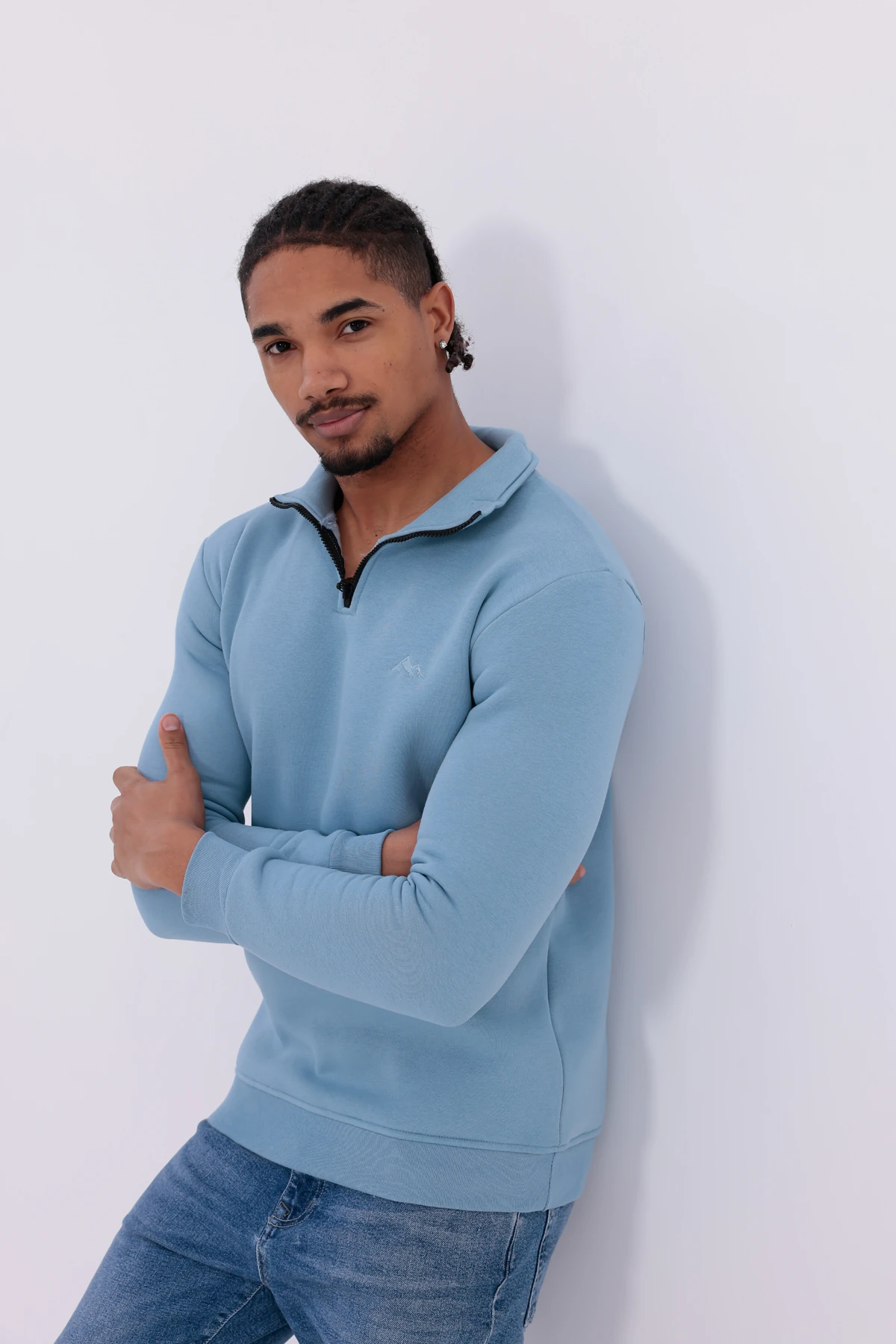 Sıfır4 Yarım Fermuarlı 3 iplik şardonlu  Sweatshirt gökyüzü mavisi gökyüzü mavisi