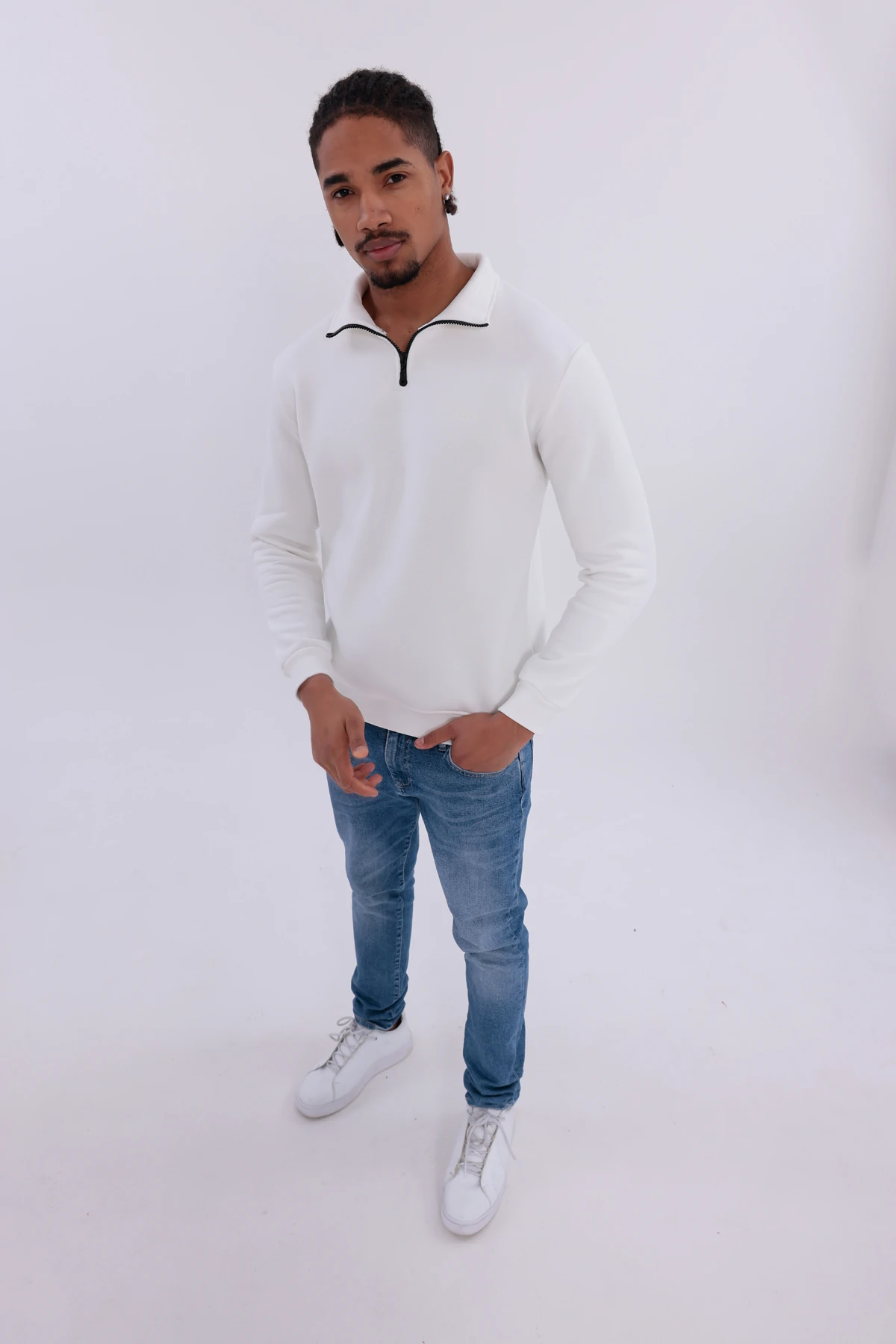 Sıfır4 Yarım Fermuarlı 3 iplik şardonlu  Sweatshirt Beyaz mint