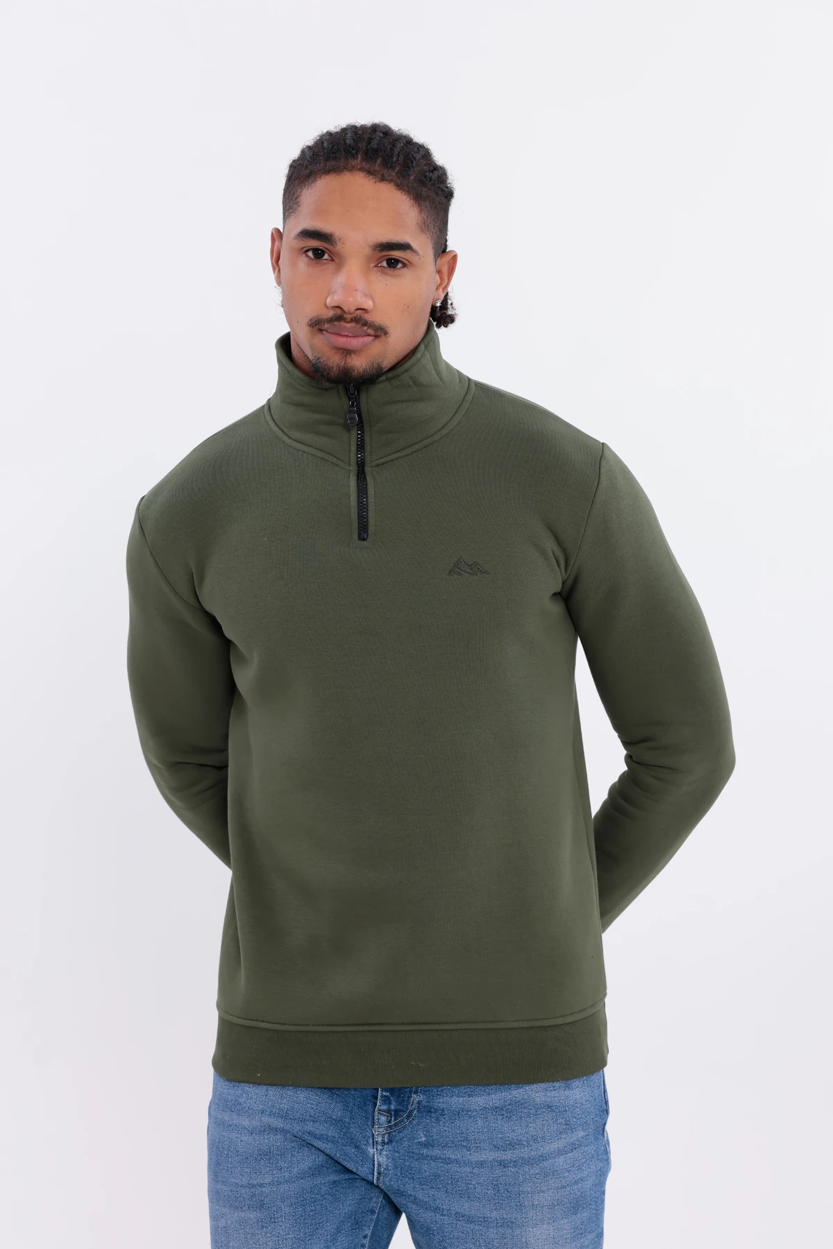 Sıfır4 Yarım Fermuarlı 3 iplik şardonlu  Sweatshirt Yeşil Yeşil