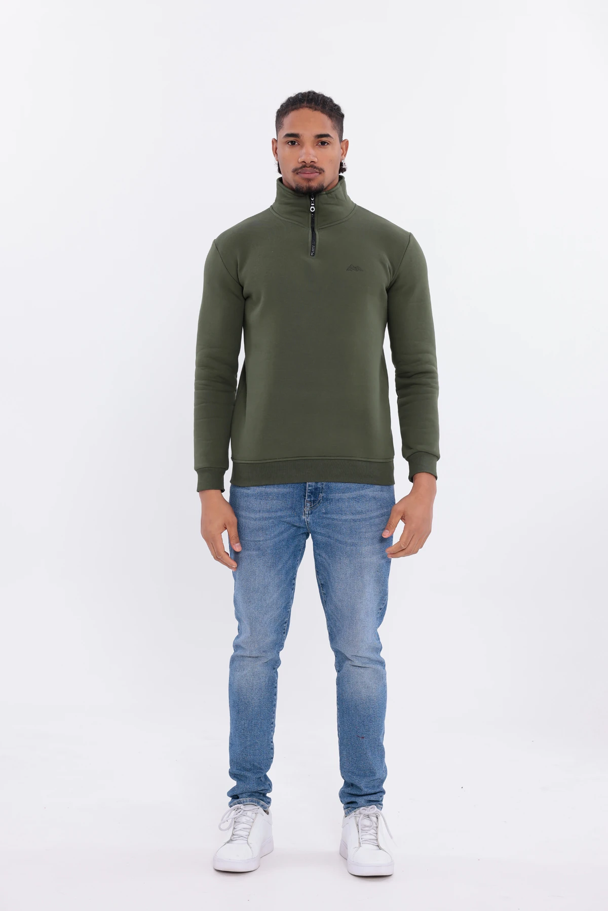 Sıfır4 Yarım Fermuarlı 3 iplik şardonlu  Sweatshirt Yeşil Yeşil