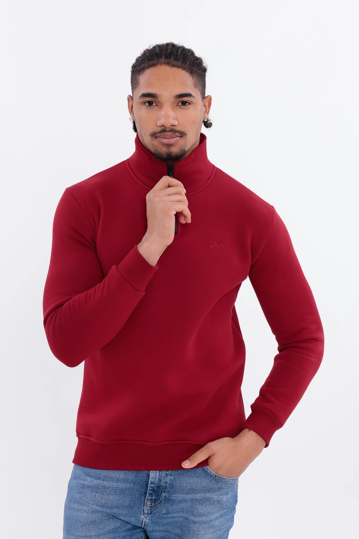 Sıfır4 Yarım Fermuarlı 3 iplik şardonlu  Sweatshirt Bordo Bordo
